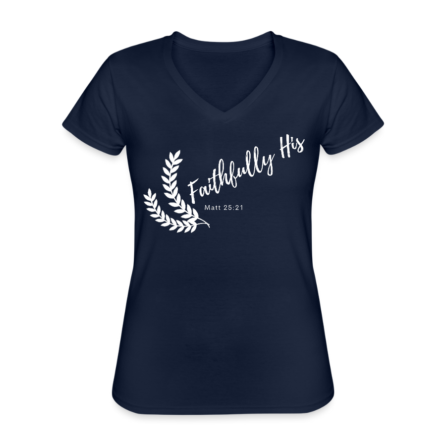 Women's "Faithfully His" Christian V-Neck Shirt - navy